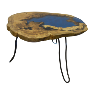 Mesa de Centro em Madeira de Carvalho com Resina Azul e Transparente completa