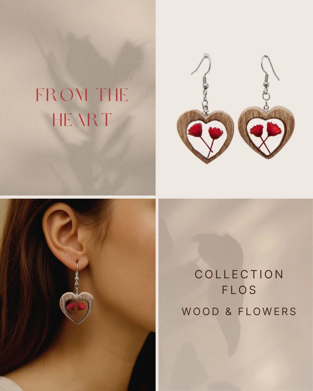 Collage promocional com a frase “FROM THE HEART” e brincos em forma de coração em madeira de olmo com flores vermelhas encapsuladas em resina.