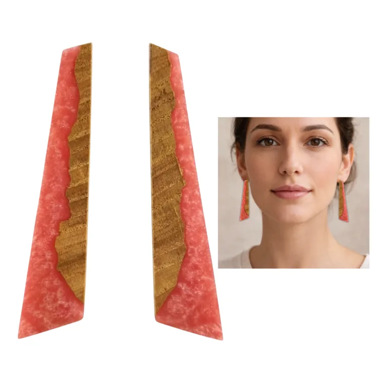 "Wild Rose" - Chestnut Wood Earrings with Coral Resin | CarpeDiam (b11) Series