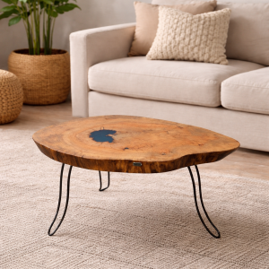 Mesa de centro artesanal em madeira de plátano com resina azul integrada numa sala moderna e luminosa, peça exclusiva de design natural.