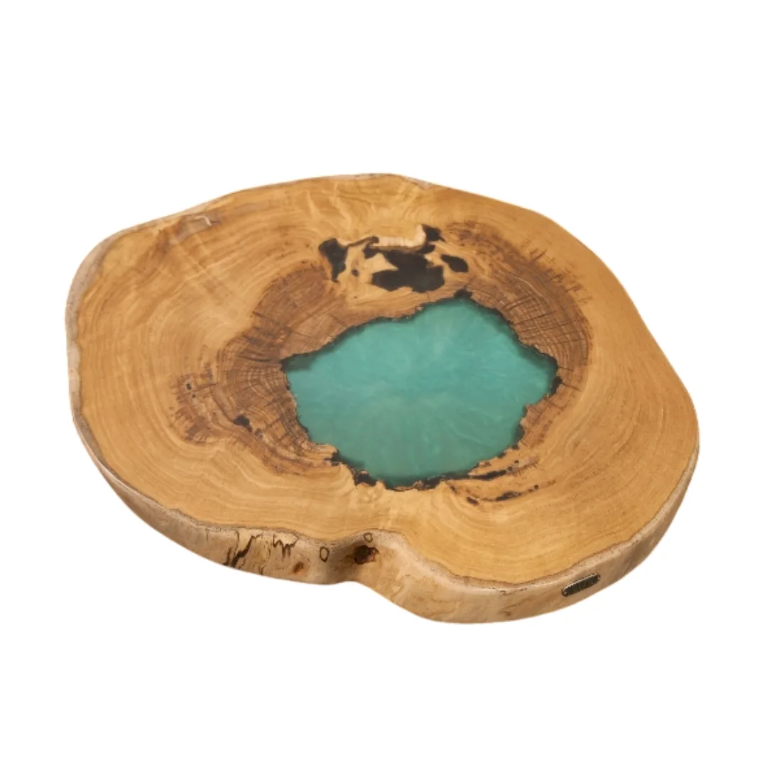 Mesa de Centro Artesanal em Madeira de Castanho com Resina Verde tampo