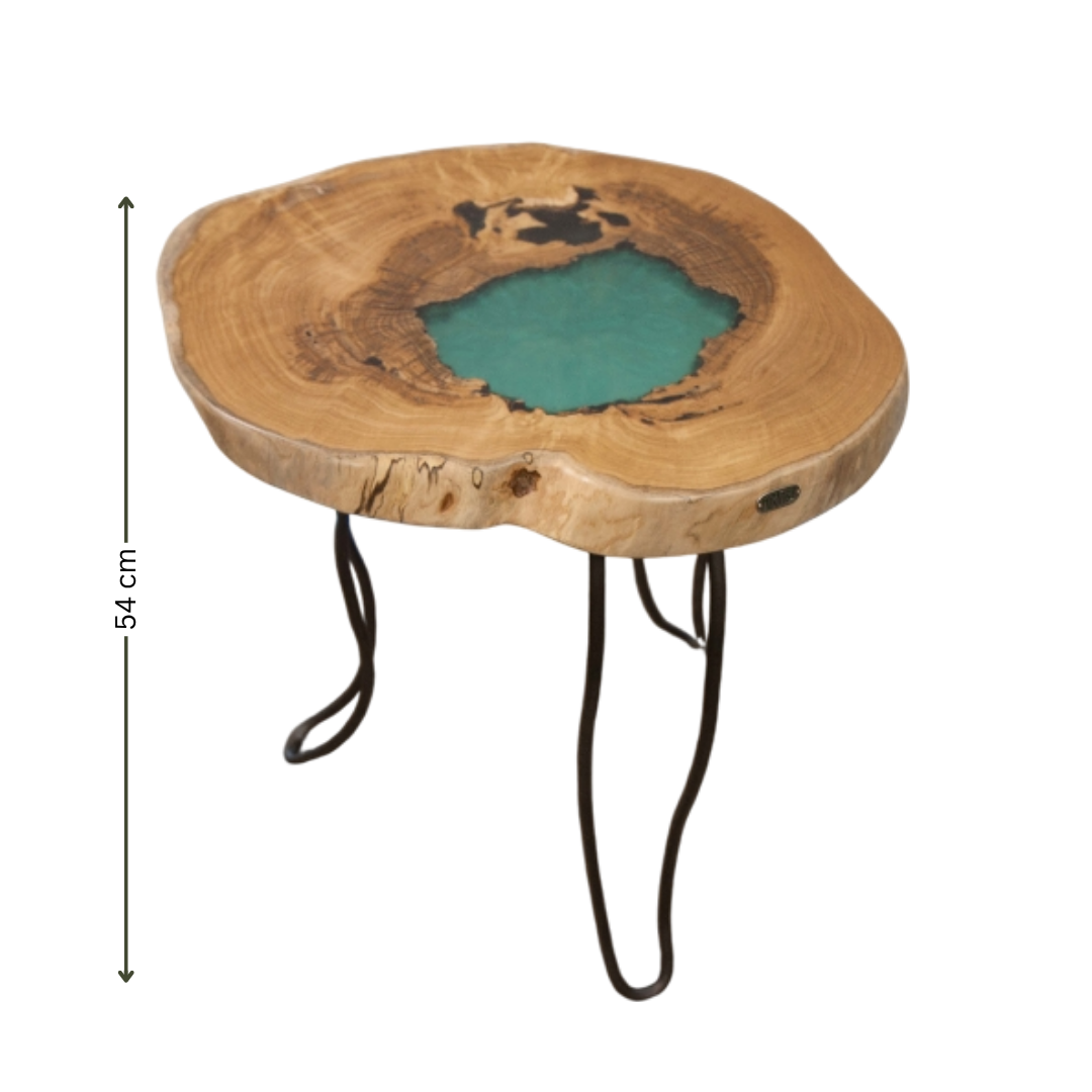 7 Mesa de Centro Artesanal em Madeira de Castanho com Resina Verde altura