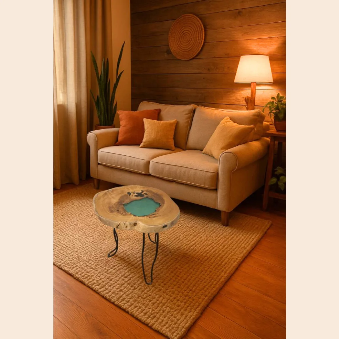 Mesa de Centro Artesanal em Madeira de Castanho com Resina Verde em ambiente de sala