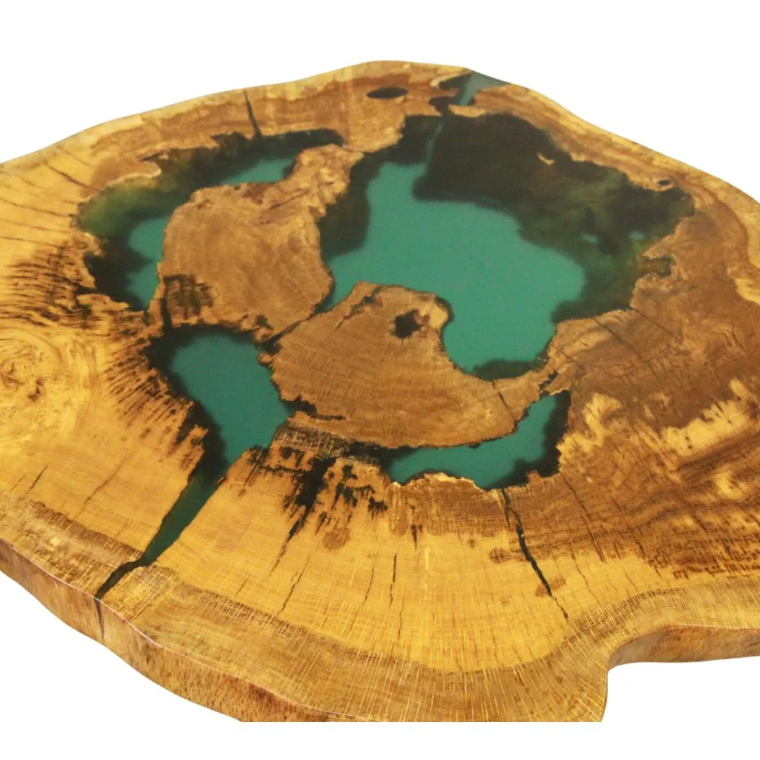 15 Mesa de Centro em Madeira de Carvalho e Resina Verde – Design único vista total - detalhe