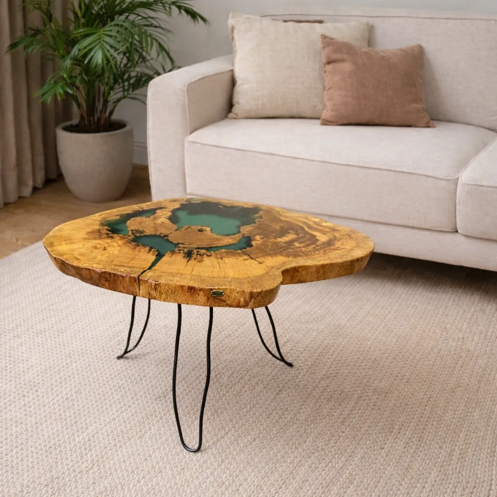 Mesa de Centro em Madeira de Carvalho e Resina Verde – Design único quadrado - ambiente com sofa