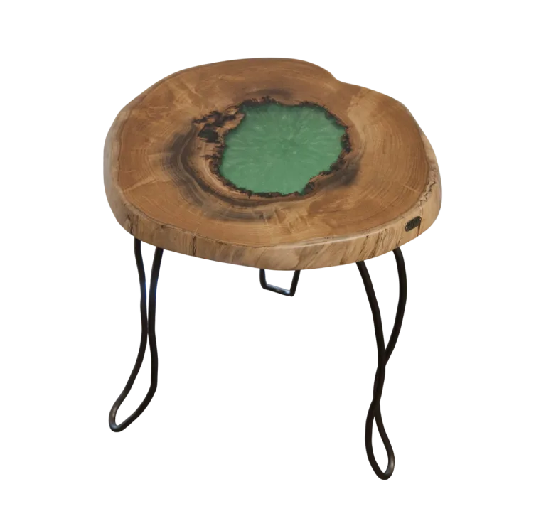 Mesa de Apoio Artesanal em Castanho com Detalhe em Resina Verde cima