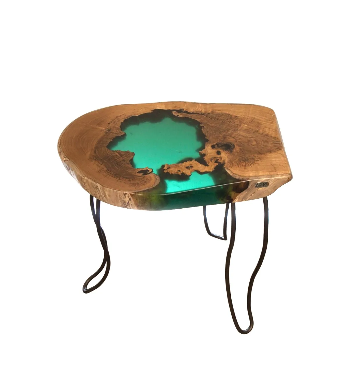 Brown Wood Side Table with Green Resin straight edge top
