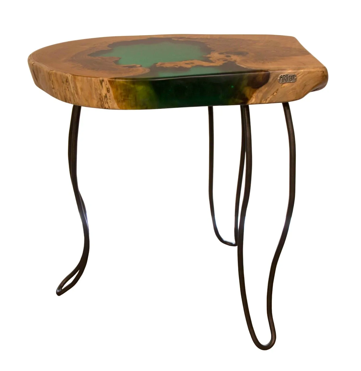 Chestnut Wood Side Table with Green Resin straight edge on the side
