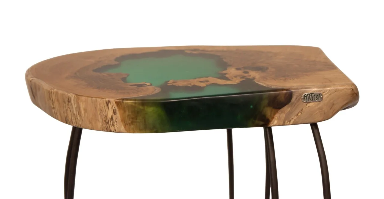 Chestnut Wood Side Table with Green Resin straight edge profile