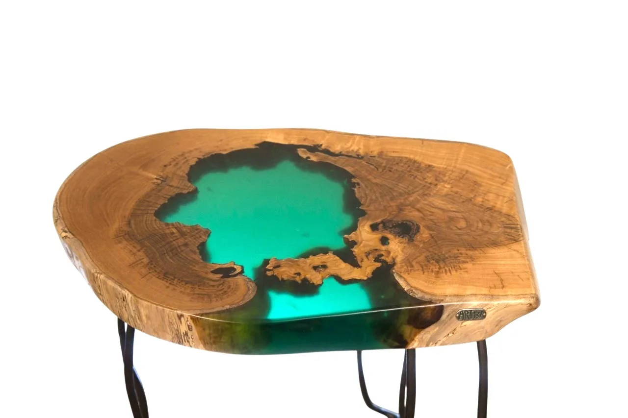 Chestnut Wood Side Table with Green Resin straight edge top close by