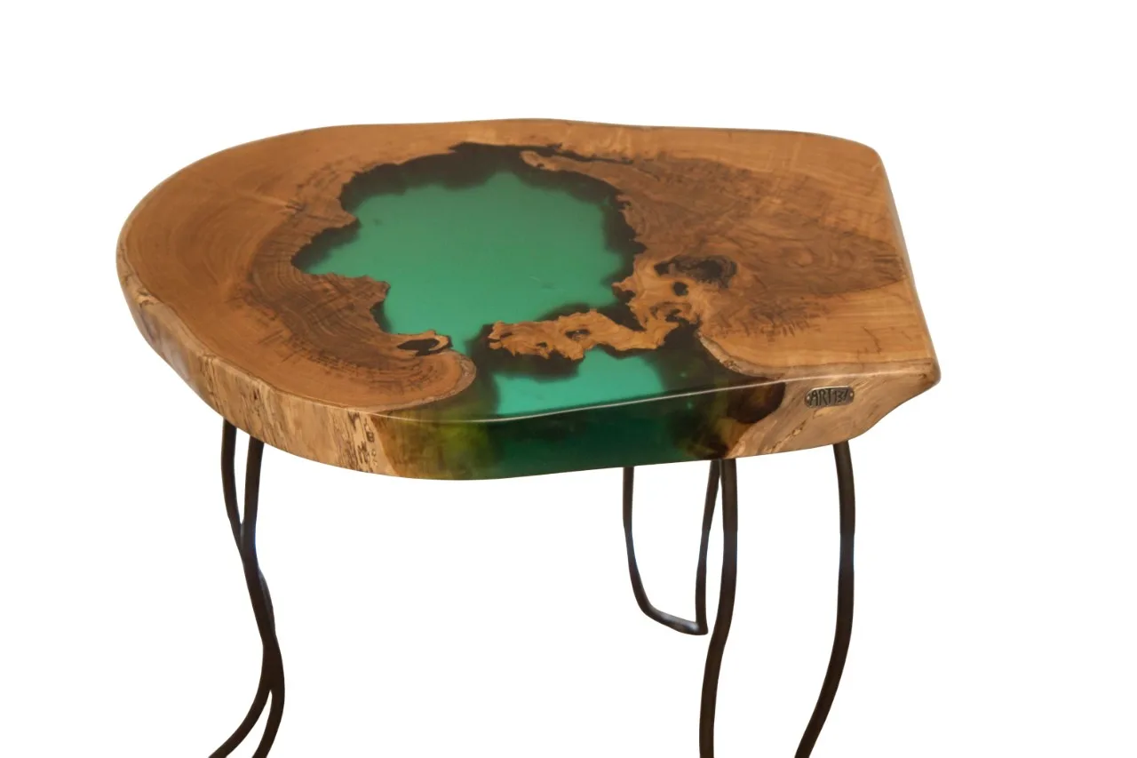 Chestnut Wood Side Table with Green Resin straight edge closer