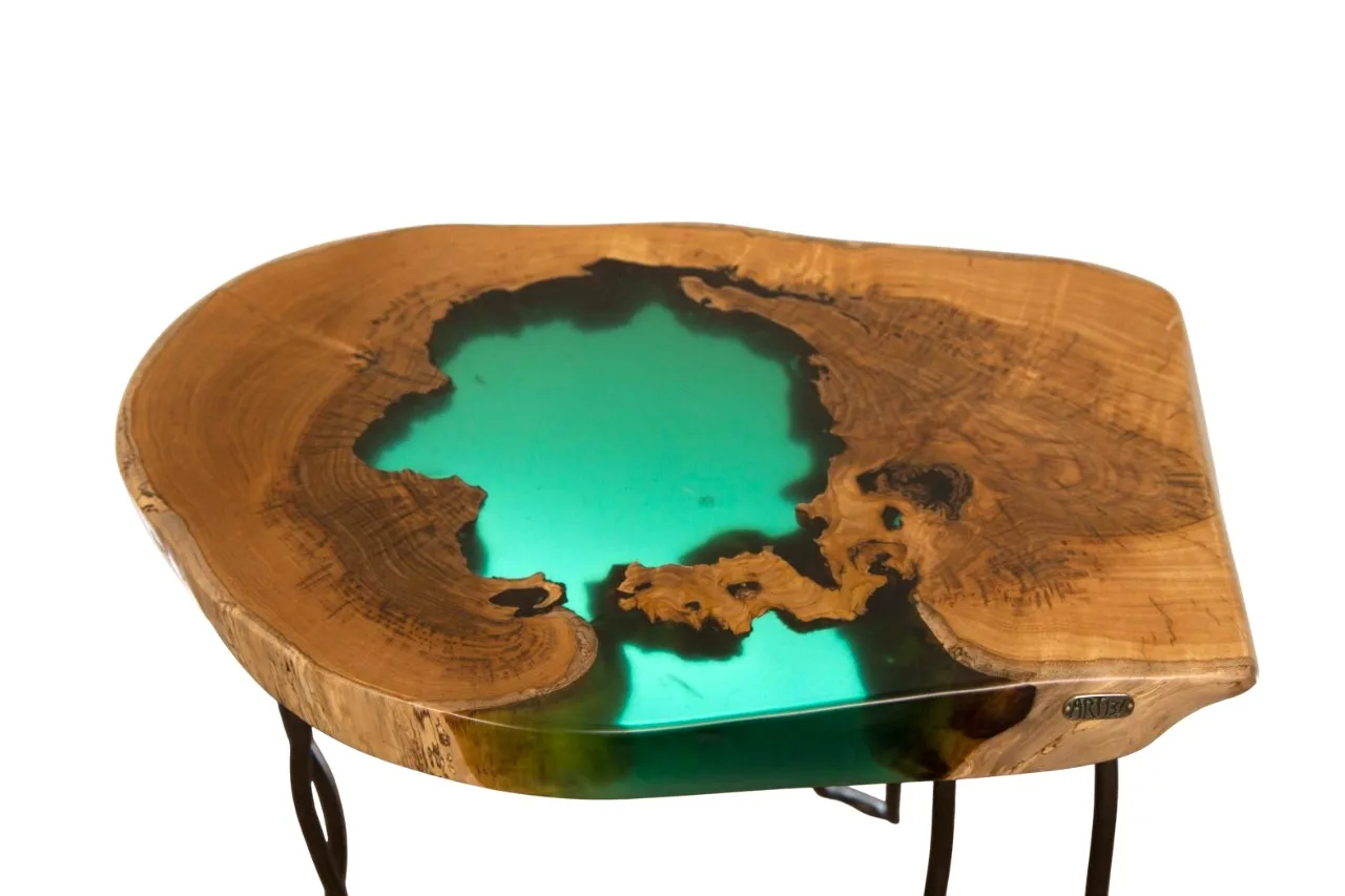 Chestnut Wood Side Table with Green Resin straight edge top