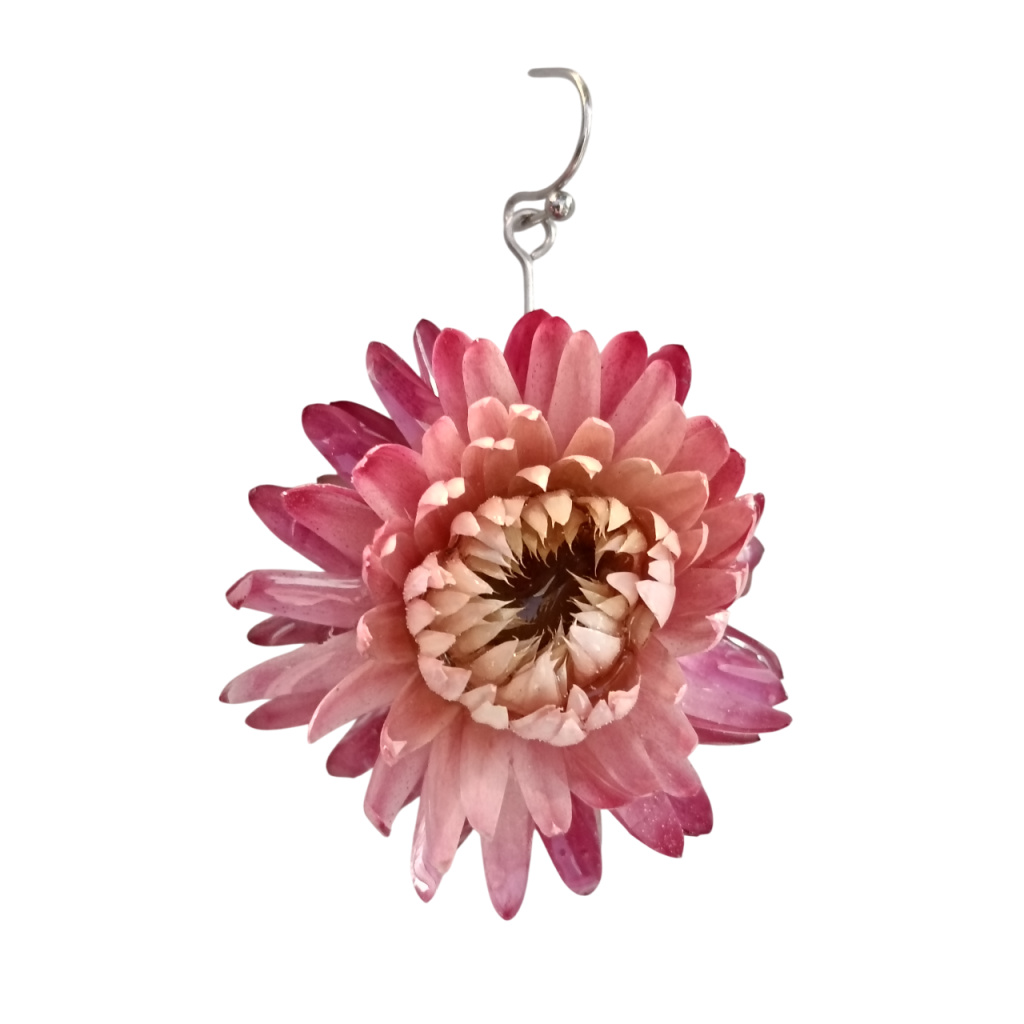 Brincos Artesanais com Flores Naturais Cor-de-Rosa em Resina direita