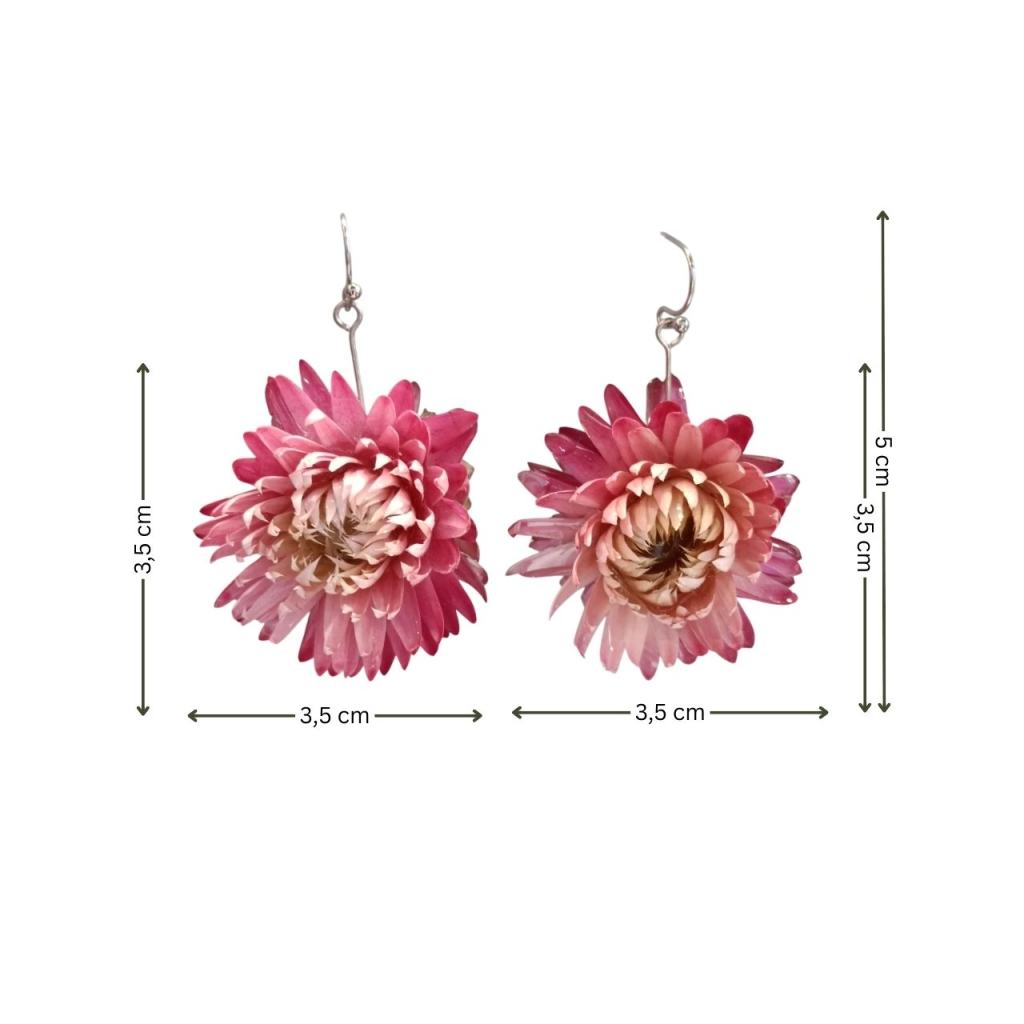 Brincos Artesanais com Flores Naturais Cor-de-Rosa em Resina com tamanho