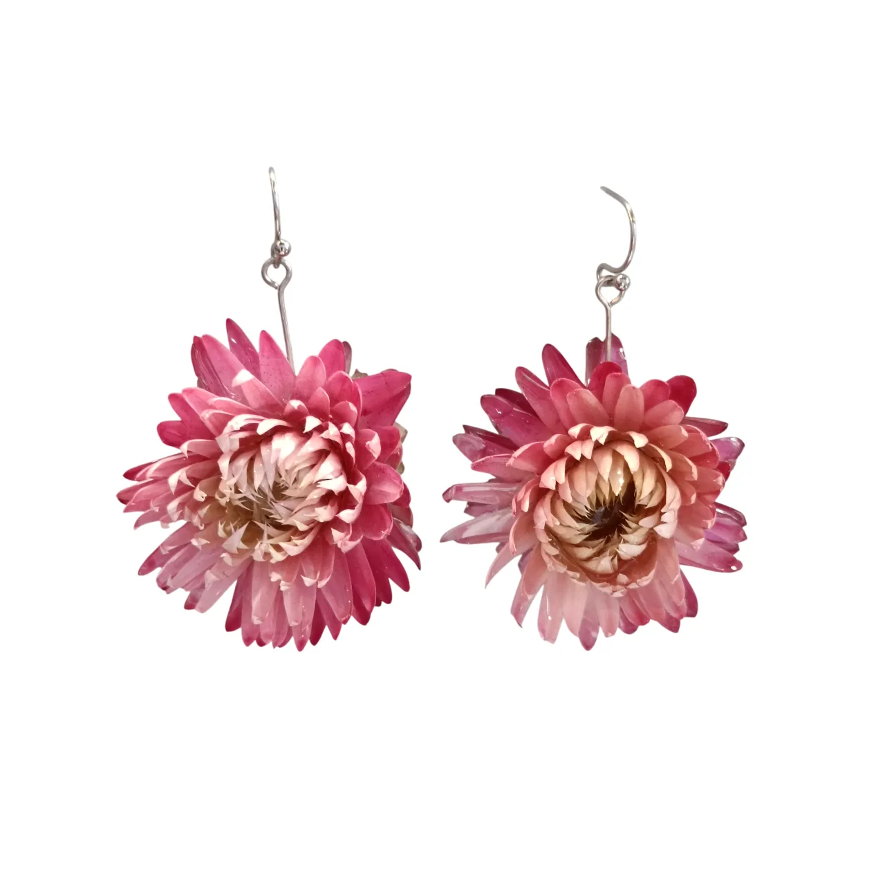 Handmade Earrings with Pink Natural Flowers in Resin on the front