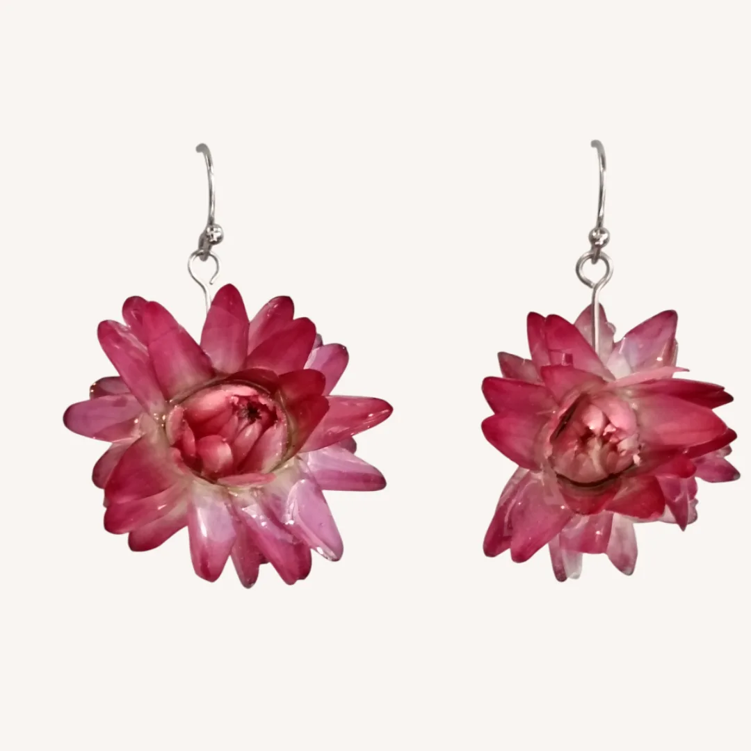 Pair of Natural Pink Flower Earrings in Resin