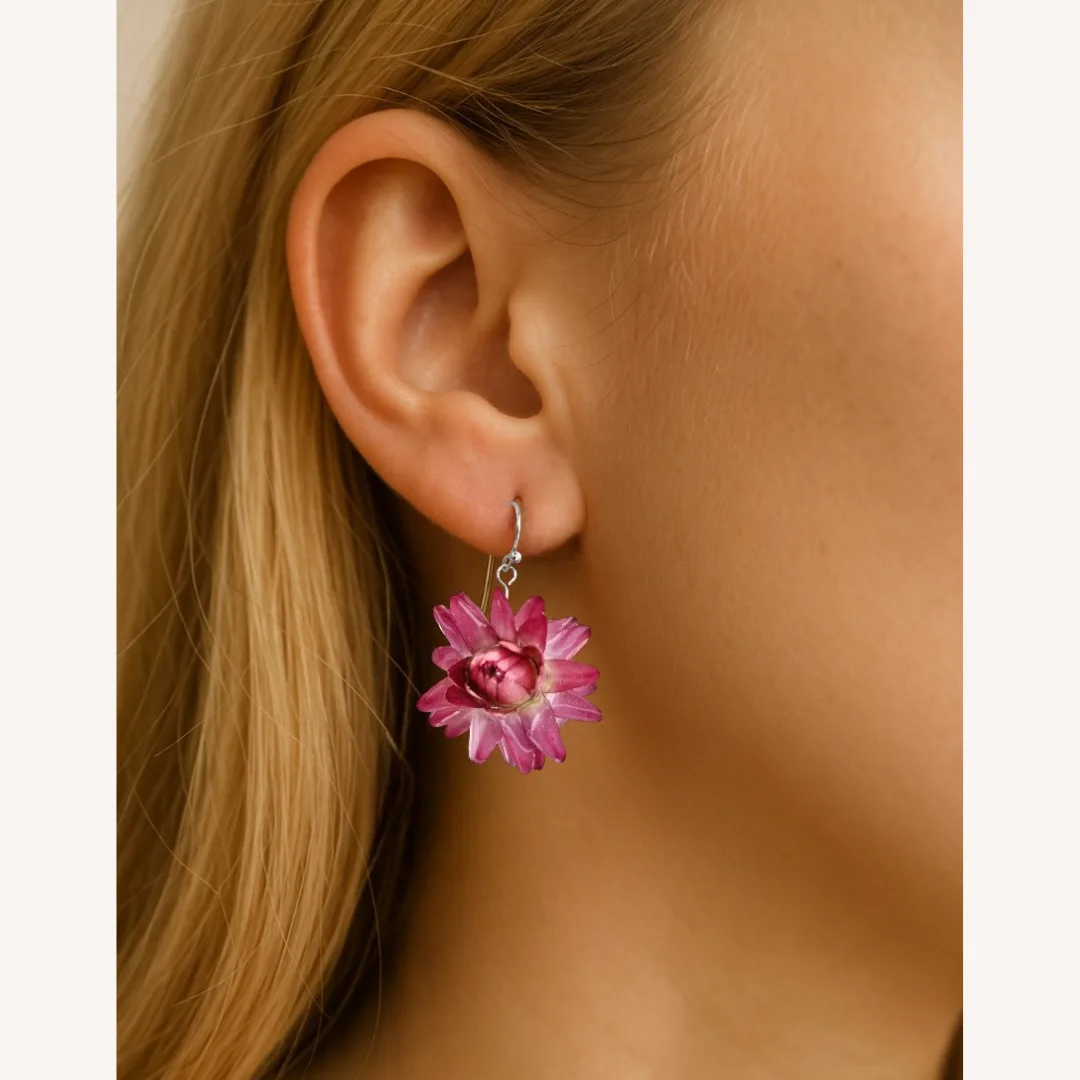 Pair of Natural Pink Flower Earrings in Blonde Resin