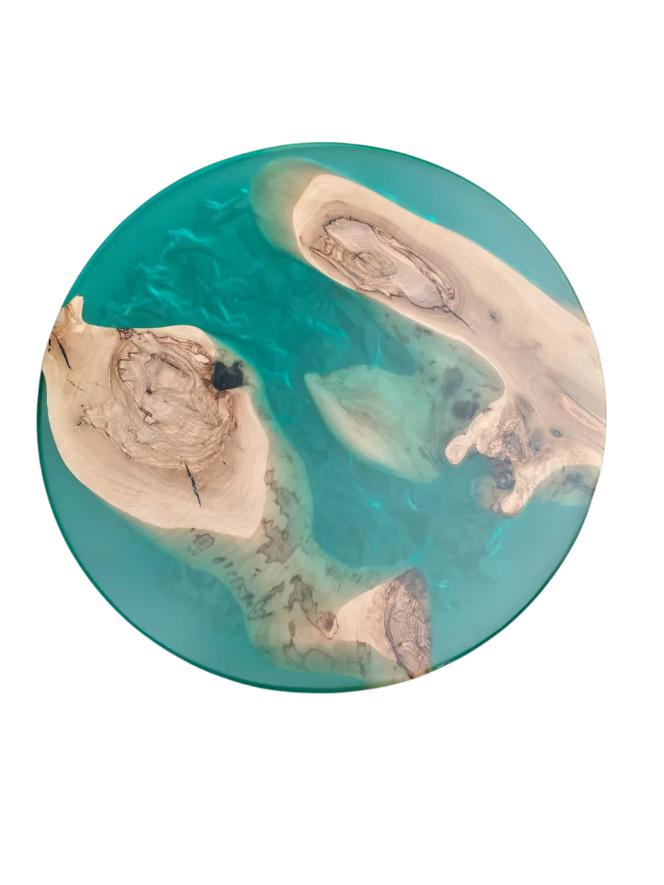 Mesa de madeira de oliveira com resina verde detalhe tampo