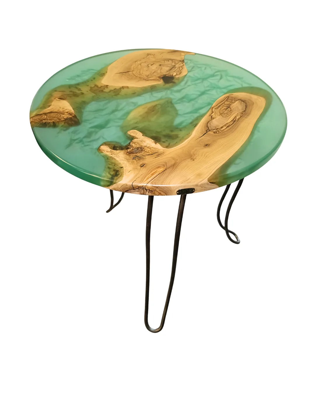 Mesa de madeira de oliveira com resina verde lado