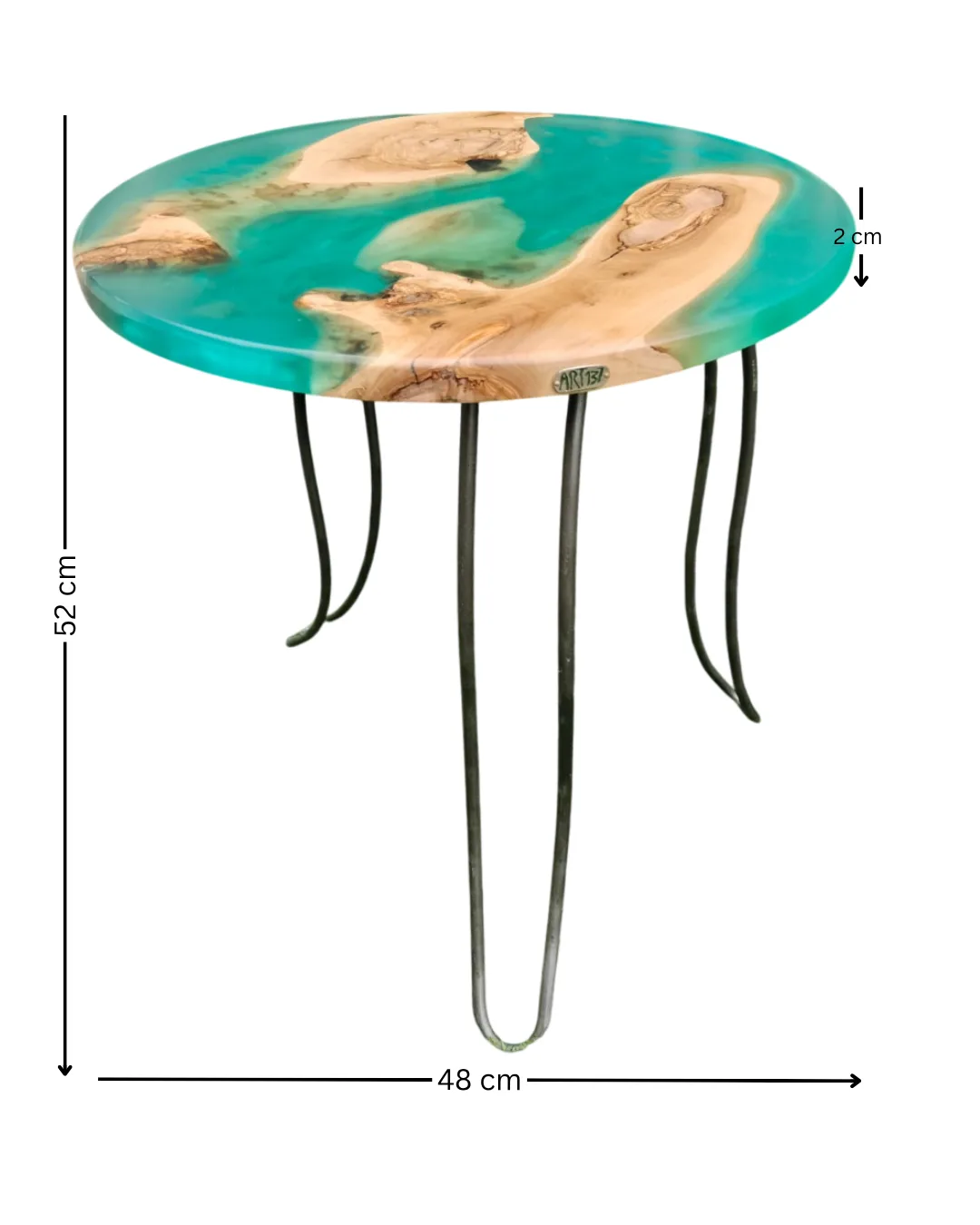 Mesa de madeira de oliveira com resina verde com medidas