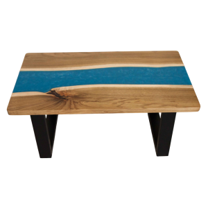 Mesa Rio de Madeira de Acácia e Resina Azul frente cima