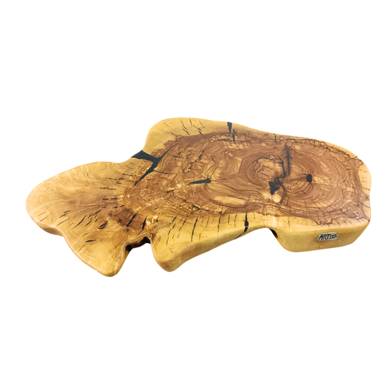 Handmade board made from slices of olive wood with a natural contour and striking veins.