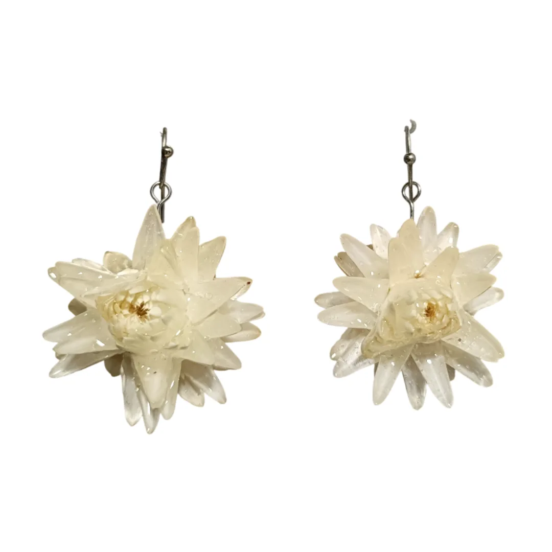 Pair of handmade earrings with white natural flower preserved in crystal resin, pendants with hook.