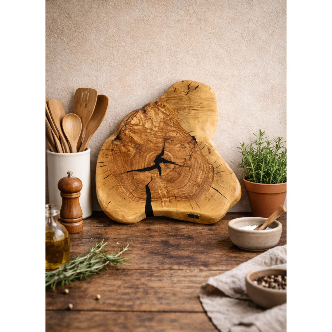 Tábua artesanal de madeira de oliveira em rodela natural, com detalhe preto, usada como tábua de servir com queijos, enchidos, pão, uvas, azeitonas e frutos secos, sobre uma mesa rústica.