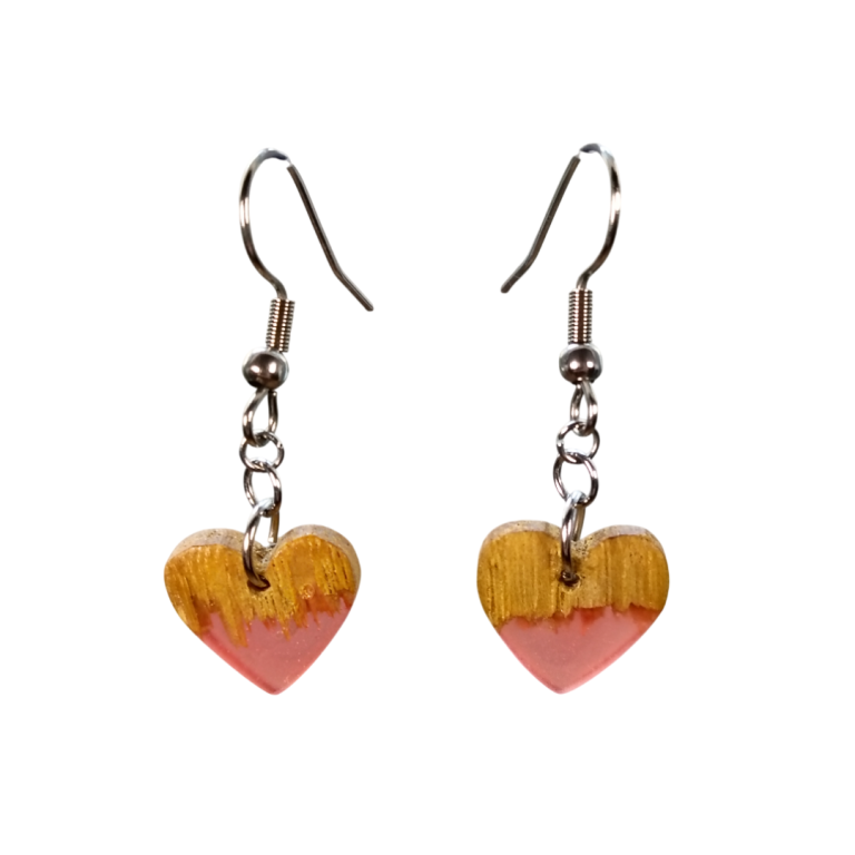 Heart earrings in natural wood with pink resin band - Cordis collection
