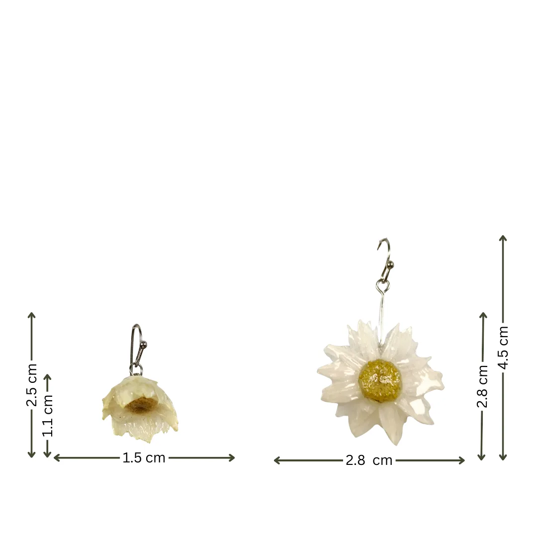 6 Brincos Aude ‘Neve & Sol’ em resina com flores naturais – guia de tamanhos em cm
