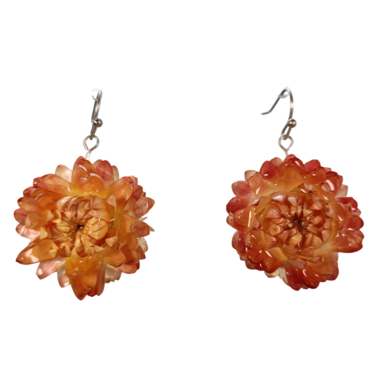 Handmade earrings with a natural orange flower preserved in crystal resin, stainless steel pendants.