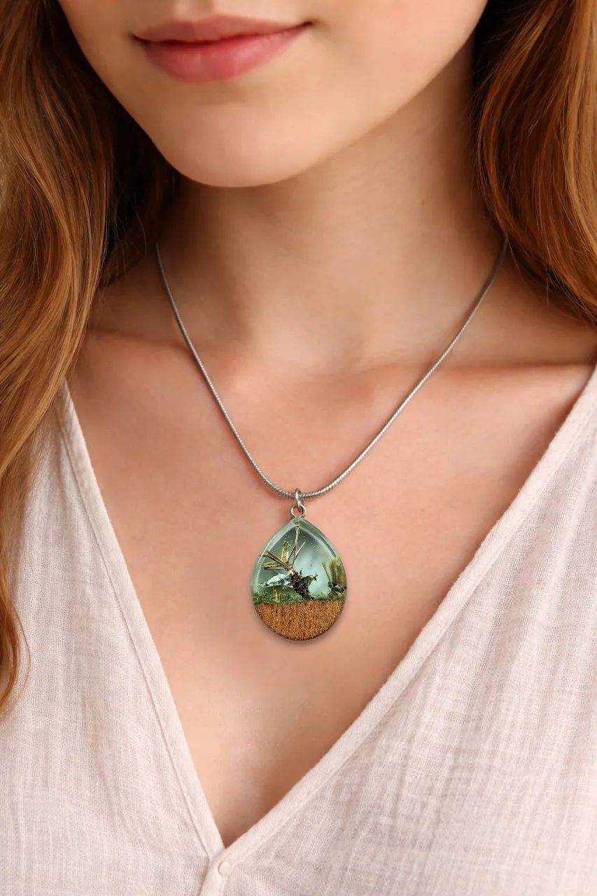 Woman wearing a handmade necklace with a drop-shaped pendant made of elm wood and crystal resin, with small natural elements inside.