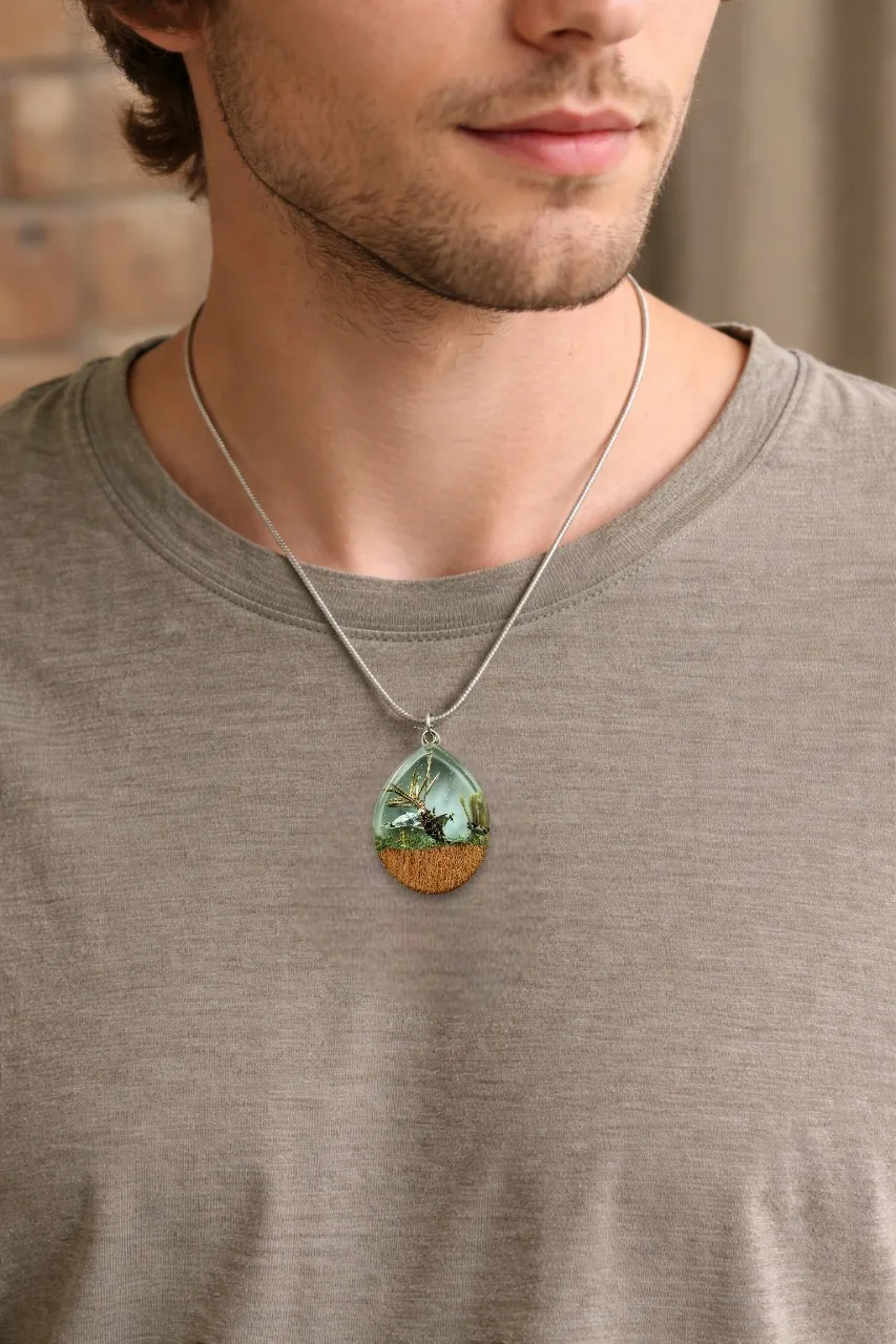 Man wearing a necklace with a handmade pendant in the shape of a drop, made of elm wood and transparent crystal resin, showing flowers and natural elements inside.